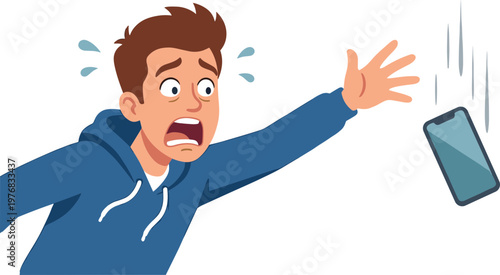 Man in blue hoodie reaching out to catch falling smartphone in surprise