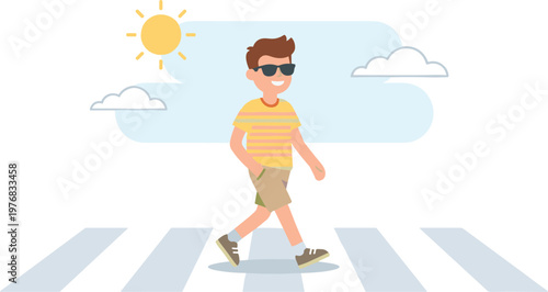 Person wearing sunglasses walks across a sunny street crossing