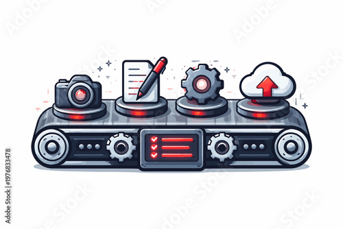 Digital Workflow Automation - Icons on Conveyor Belt Vector Icon Illustration Graphic Flat Design Mi