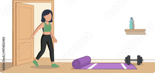 Woman Enters Home Gym with Fitness Mat and Weights on Floor