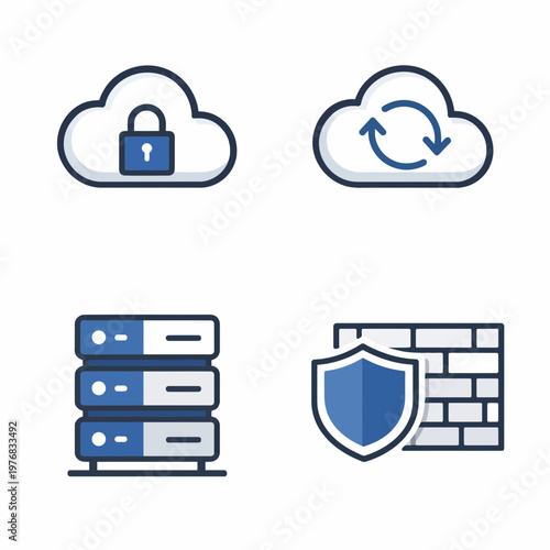 Icons representing cloud security, data synchronization, server infrastructure, and network firewall protection.