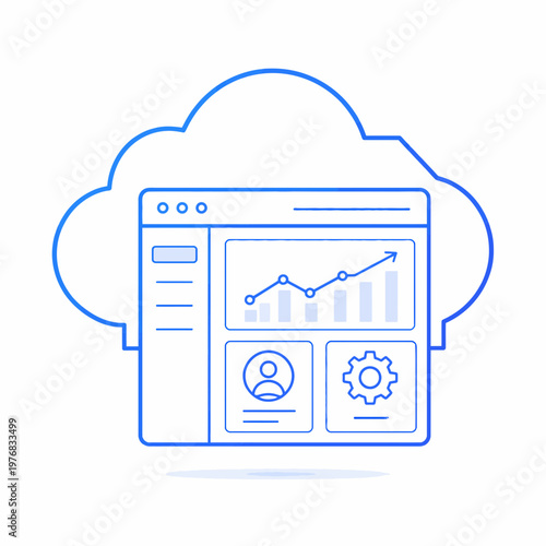 Cloud computing dashboard interface displaying data analytics, user profile, and settings for online business management.