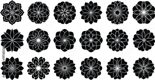 Collection of black and white floral mandala flower symbol
