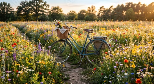 Bicycle with a basket full of colorful flowers stands on a dirt path in a wildflower field. 