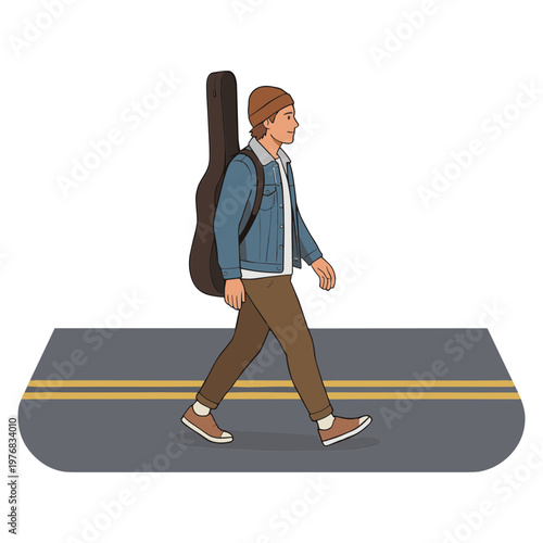 Man walks down street with guitar case on back