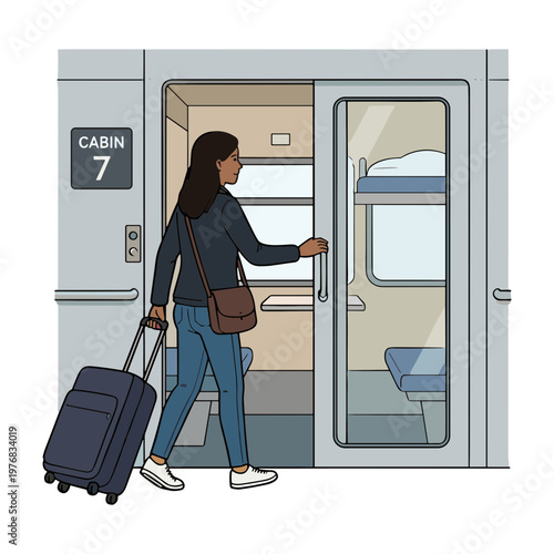 Woman entering train cabin with luggage through open door at station platform