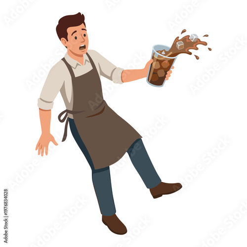 Man spills coffee while working at a cafe with a shocked expression