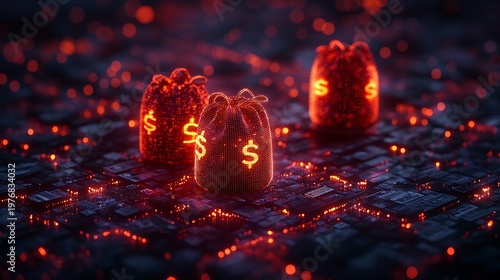 Glowing money bags on circuit board