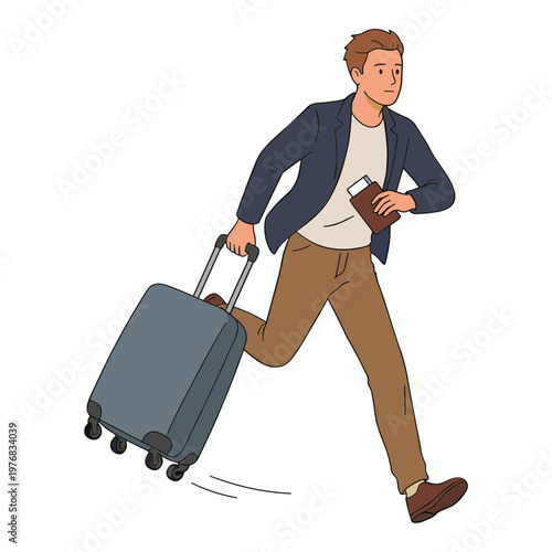 Man runs with luggage and ticket to catch flight at airport gate quickly