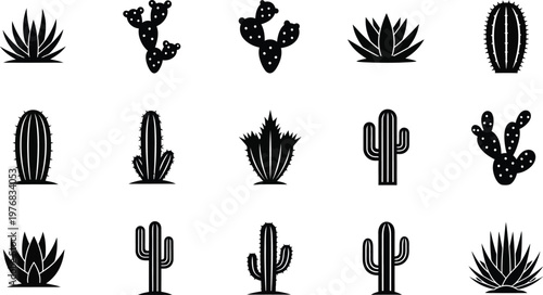 Collection of black silhouette of various desert plants and cacti cactus succulent agave desert plant prickly pear saguaro aloe vera botanical flora plant silhouette