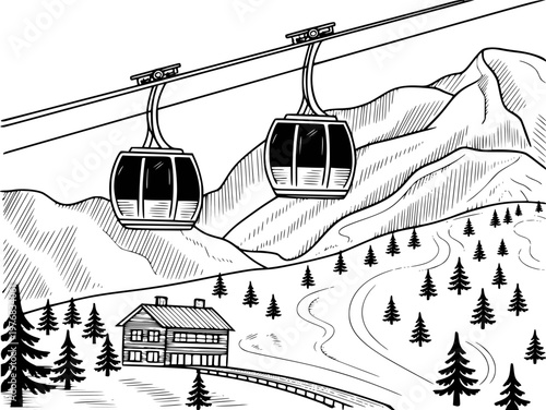 Black and white line of ski resort with cable cars mountains and ski slopes