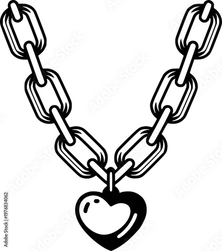 Black and white of a thick chain necklace with a heart pendant jewelry