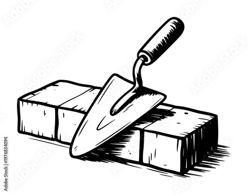 Black and white of a trowel resting a brick a white background construction tool
