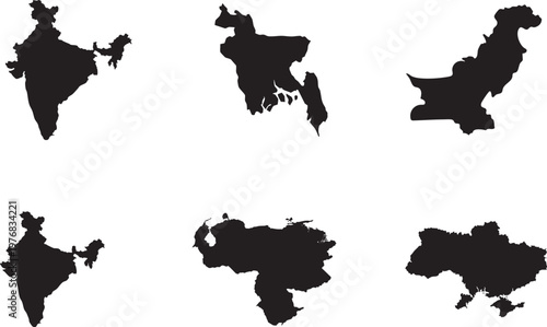 Black map silhouettes, country borders, geographic shapes, vector icons, 6 piece set