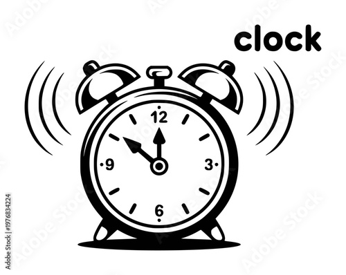 Black and white ringing alarm clock with word clock above time wake
