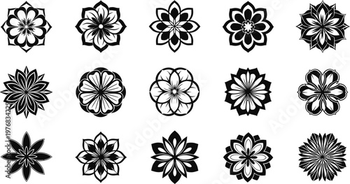 Collection of fifteen black and white floral mandala flower pattern