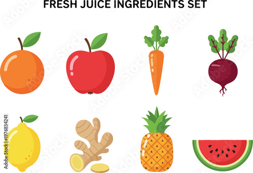 Vibrant Fresh Fruit and Vegetable Ingredients for Juicing - Healthy Lifestyle and Refreshment