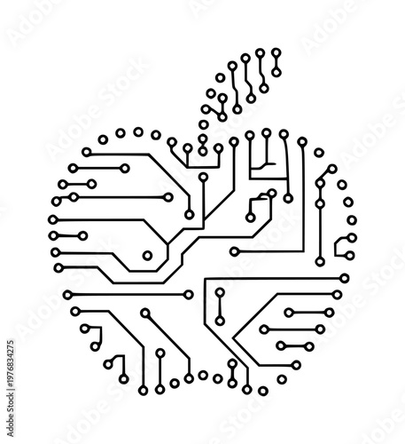 Black circuit board lines forming an apple shape a white background technology