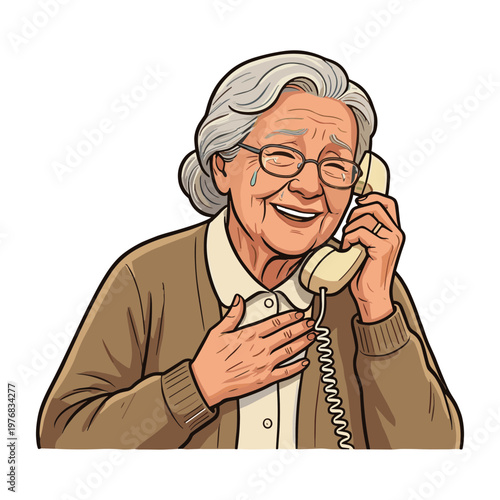 Elderly woman talks on phone with emotional expression and tears