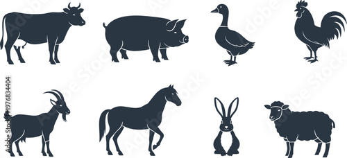Farm animal silhouettes vector set with cow pig horse and poultry icons isolated on white background