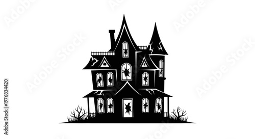 Spooky haunted house with turrets and bats on a white background for halloween designs