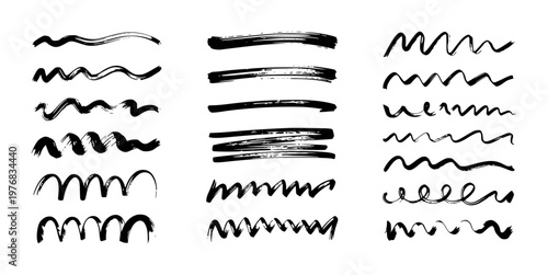 Collection of Black Hand Drawn Brush Stroke Lines and Scribbles White Background
