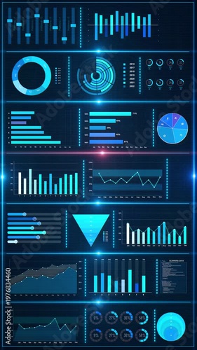 Digital Statistics Interface Display Advanced data visualization dashboard with charts and metrics, business analytics themes, financial reporting, corporate presentations, technology demonstrations.