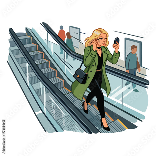 Woman walking up escalator with phone in hand at train station platform