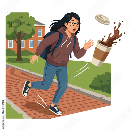 Woman runs down outdoor walkway accidentally dropping coffee cup on brick pathway