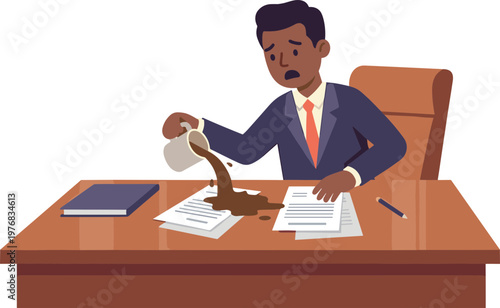 Businessman spills coffee on documents at office desk