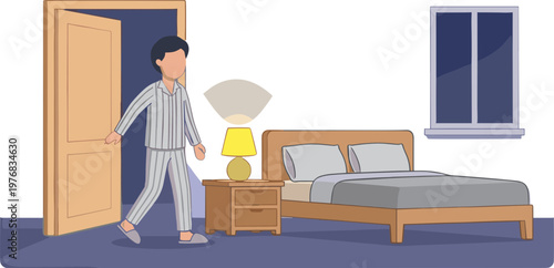 Man walks into bedroom with bed and nightstand beside it