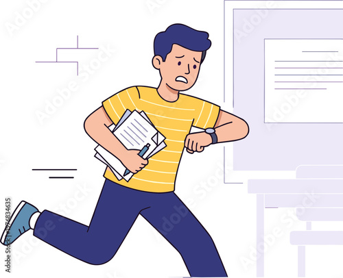 A man runs quickly through an office holding papers and looking worried.