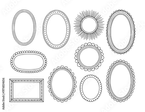 Collection of Hand Drawn Decorative Oval and Round Frames with Scalloped and Sunburst