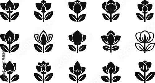 Fifteen stylized black flower with leaves on white background flower floral plant nature leaf bloom bud petal stem black and white