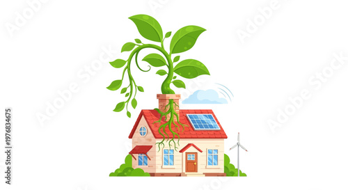 Eco friendly house with solar panels and green plant growing from chimney sustainable living concept