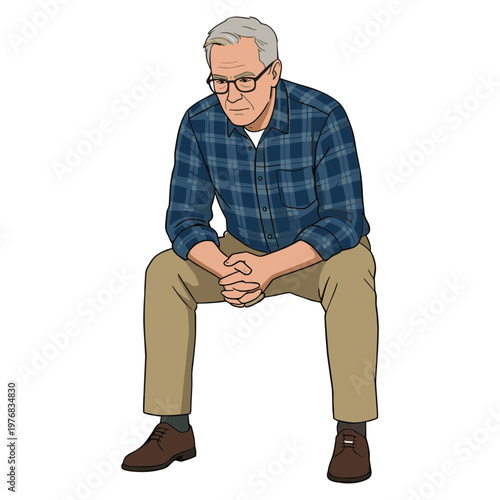 An older man sits with his hands clasped looking down