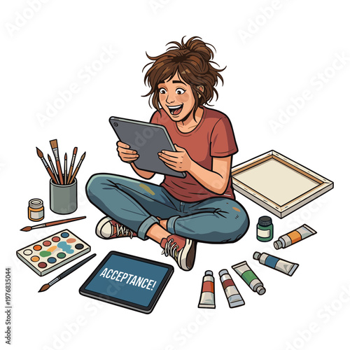 A young woman sits cross-legged on floor with tablet surrounded by art supplies