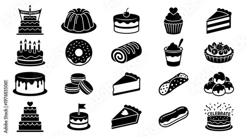Large collection of various sweet dessert and cake icons including birthday cake, cupcake, donut and pie on white background, concept for bakery menu design, party invitation and branding