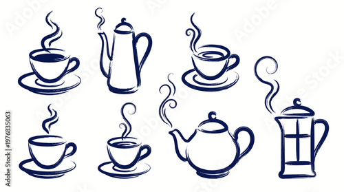 Set of hand drawn blue ink sketches featuring coffee cups teapots and french press with hot steam on white background, concept for cafe menu design, kitchen wall art and morning breakfast branding
