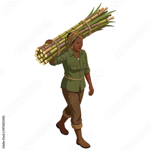 Man carrying bundle sugarcane walking countryside rural area