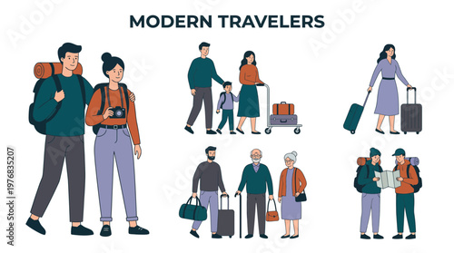 Diverse set of modern traveler characters with backpacks and luggage isolated on white background, concept for tourism advertising, travel agency marketing and vacation planning services