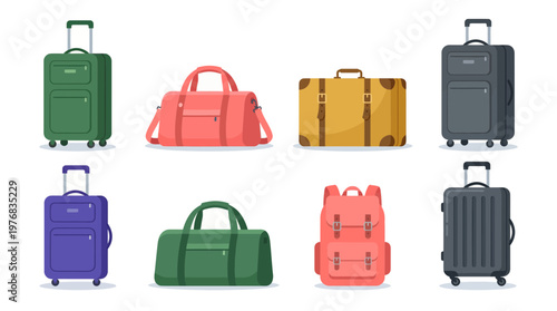 Collection of colorful luggage items including rolling suitcases, duffel bags, vintage trunk and backpack isolated on white background, concept for travel planning, logistics and vacation