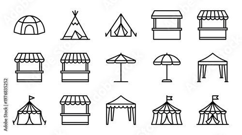 Set of minimalist line icons featuring various outdoor tents, market stalls, street kiosks, beach umbrellas and circus marquees, concept for event planning, festival marketing and trade show