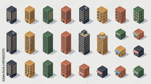 Set of isometric city building icons including skyscrapers, apartment blocks and retail shops on background, concept for urban map planning, architectural design and property development