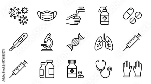 Set of medical healthcare line icons featuring virus mask washing hands stethoscope and lab equipment, concept for healthcare infographics, pharmaceutical marketing and hospital services