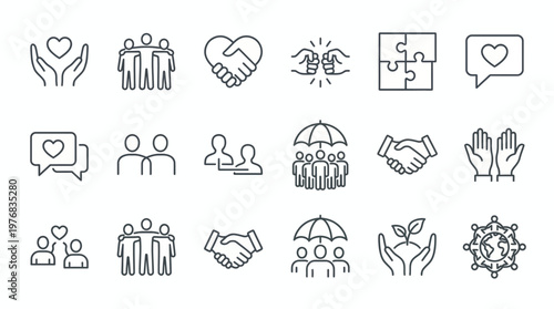 set of thin line icons representing business cooperation teamwork and social support on white background, concept for partnership management corporate social responsibility and community networking