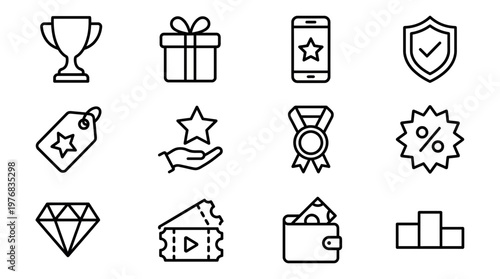 Black line icons featuring trophy, gift, medal, star, wallet, diamond and discount symbols, concept for loyalty program rewards, marketing campaign benefits and customer engagement strategy