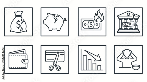 Financial crisis and bankruptcy line icon set featuring broken piggy bank, burning money, closed bank and declining charts, concept for economic recession, debt and financial loss presentation