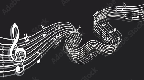 Abstract monochrome wavy musical staff with treble clef and flying notes on black background, concept for concert promotion, acoustic performance and creative audio production