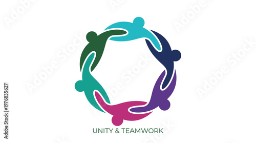 Abstract colorful human figures holding hands in a circular formation representing diverse workers and partners, concept for corporate branding, community support and business collaboration
